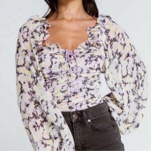 Free People Floral Ruched Lace Up Long Sleeve Top Purple Yellow Size M